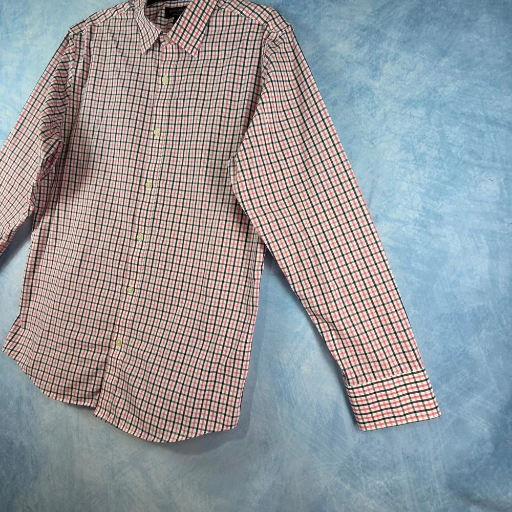 Banana Republic Mens Non-Iron Slim Fit Shirt‎ L Red Navy Tattersall Check Plaid